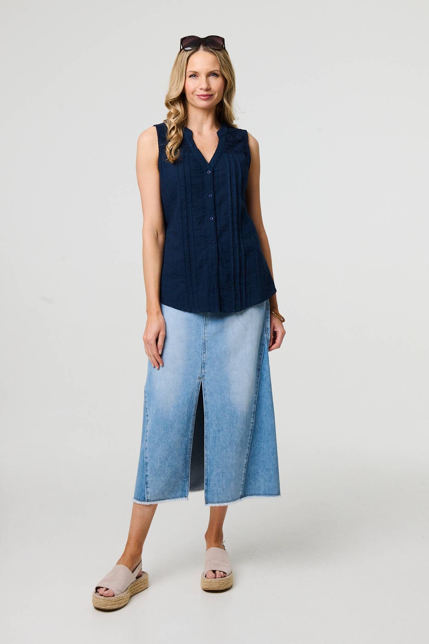 Izabel London Lace Trim Sleeveless V-Neck Blouse