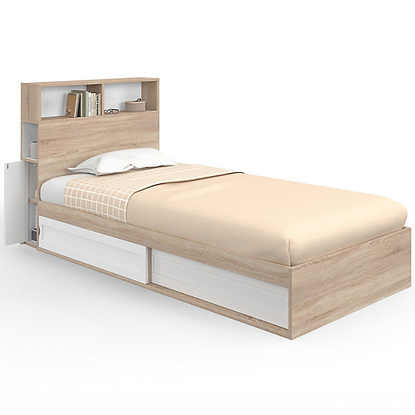 Lit simple CLEM avec rangement, tête de lit et sommier 90 x 190 cm hêtre et blanc