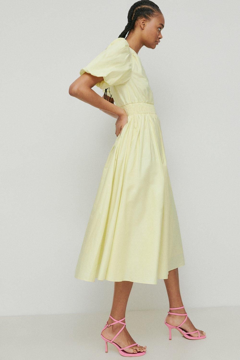 Warehouse Cotton Poplin V Neck Puff Sleeve Midi Dress
