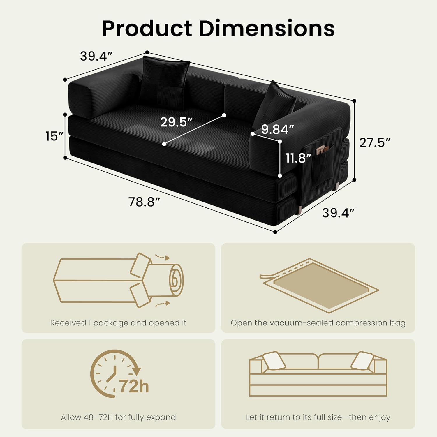 78.8 Convertible Sofa Bed,Corduroy Futon Couch with Storage Pocket,Folding Pull Out Futon Sofa, No Assembly Boneless Couch for Living Room,Black