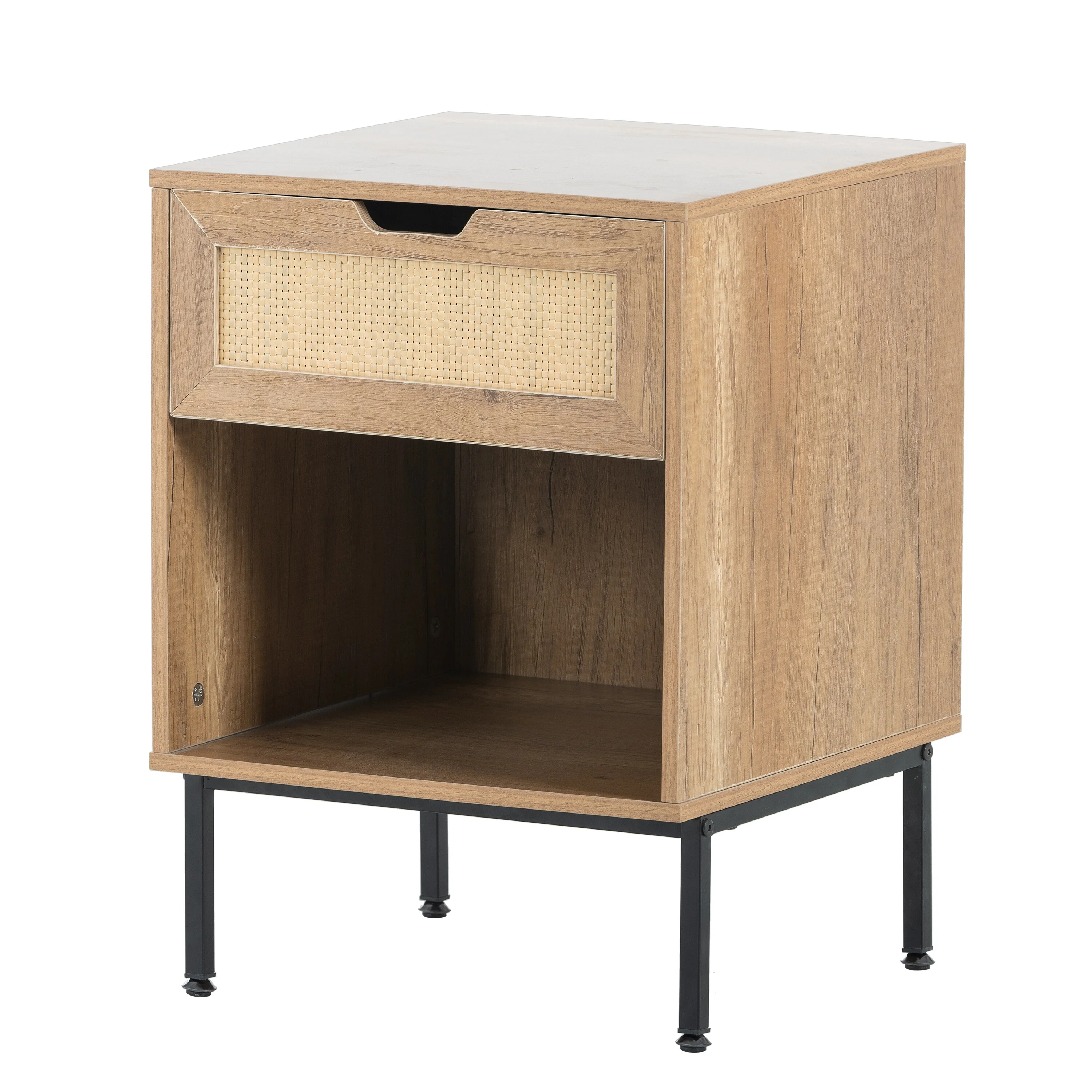 Rattan Nightstand with Open Storage & Solid Metal Legs