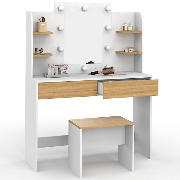 Coiffeuse ZELIA blanc et hêtre table de maquillage 4 étagères, miroir LED et tabouret