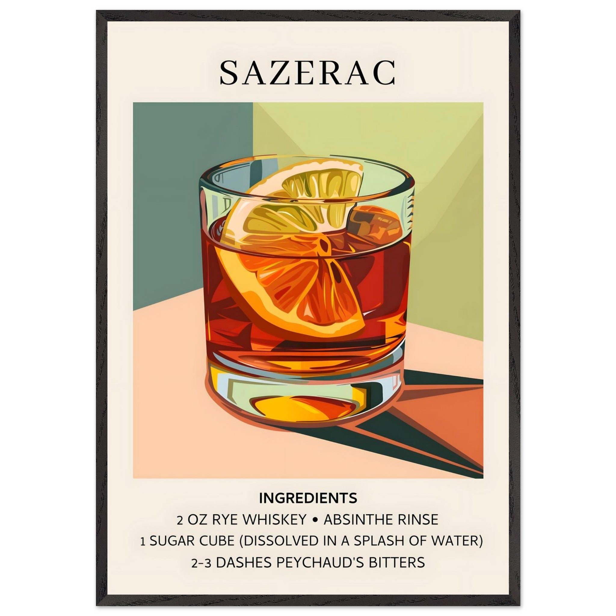 Artfulprints Poster met Lijst Sazerac cocktail - Ingrediënten  - 70x100 cm - Meerkleurig