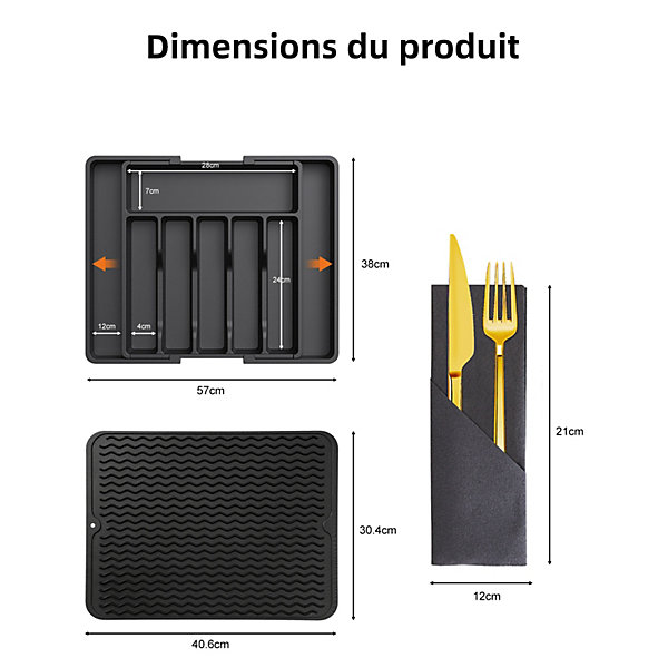 Organisateur de Couverts Extensible   2 Plateaux Antidérapants   30 Sacs de Rangement, Noir, Idéal pour Tiroirs de Cuisine