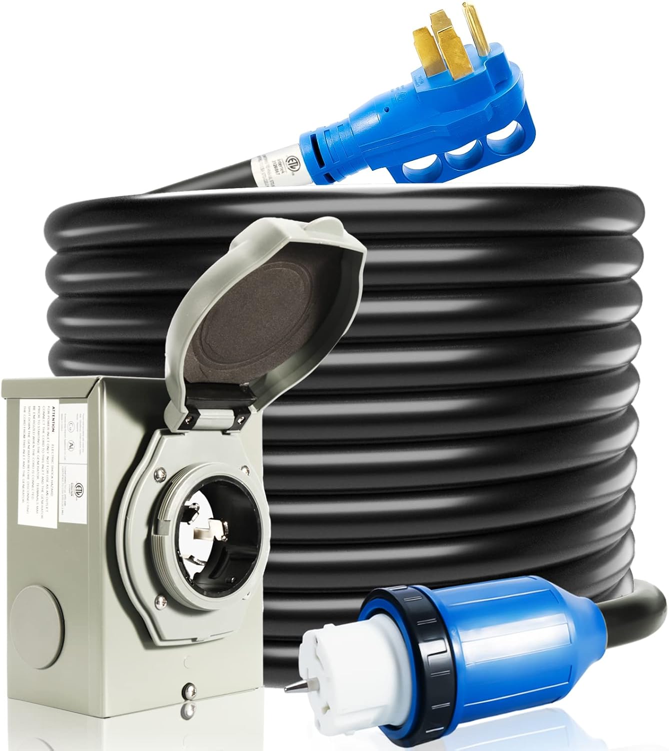 50 Amp Generator Cord and Power Inlet Box  30FT Generator Cords 50 Amp 125V/250V Generator Power Cord NEMA14-50P/SS2-50R Twist Lock Connector