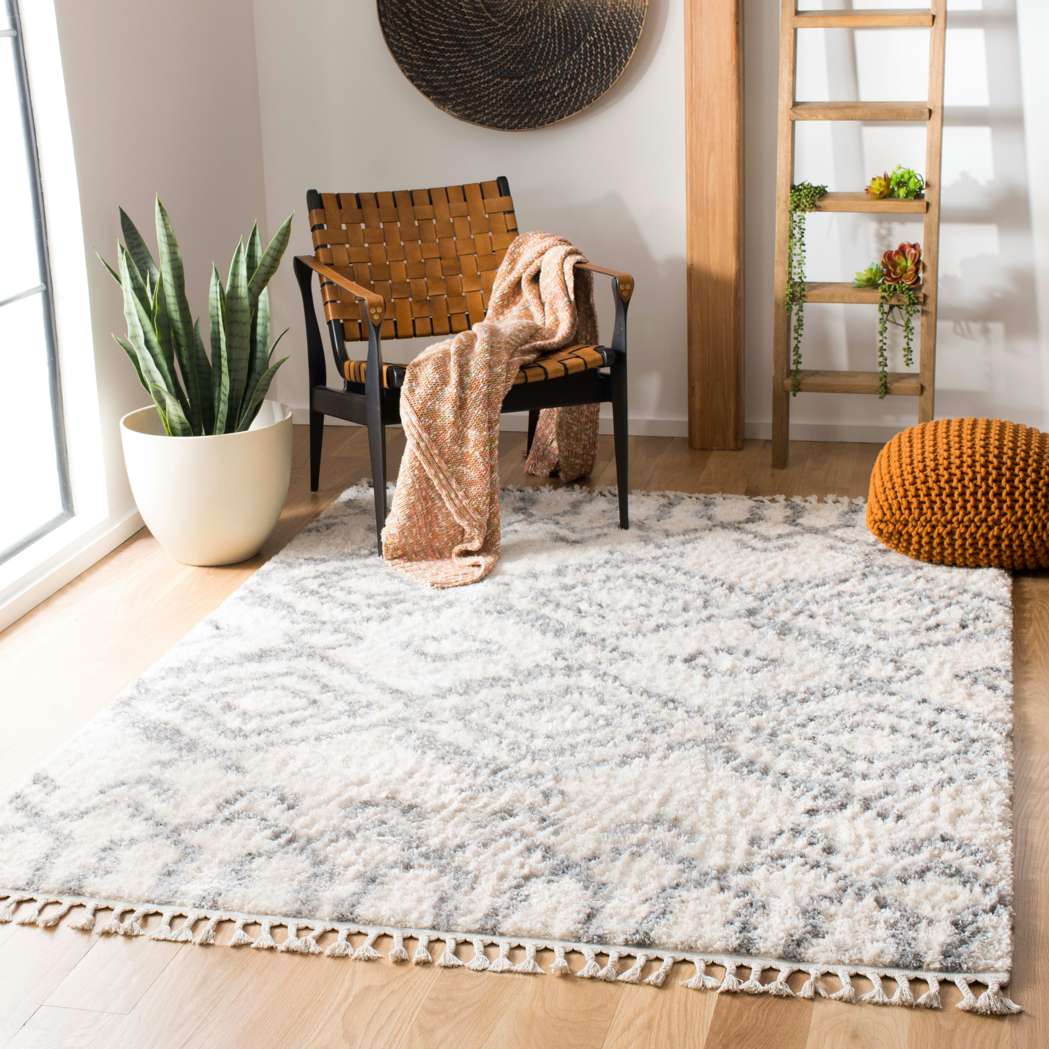 BERBER FRINGE SHAG - Tapis de salon interieur en crème & gris, 160 x 229 cm