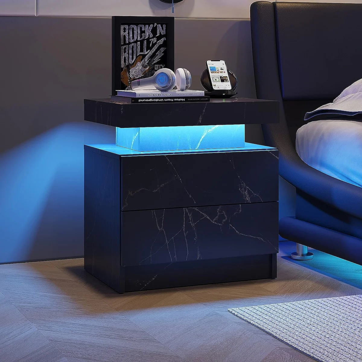 Nightstand LED Bedside Table Cabinet Lights Modern End Side with 2 Drawers
