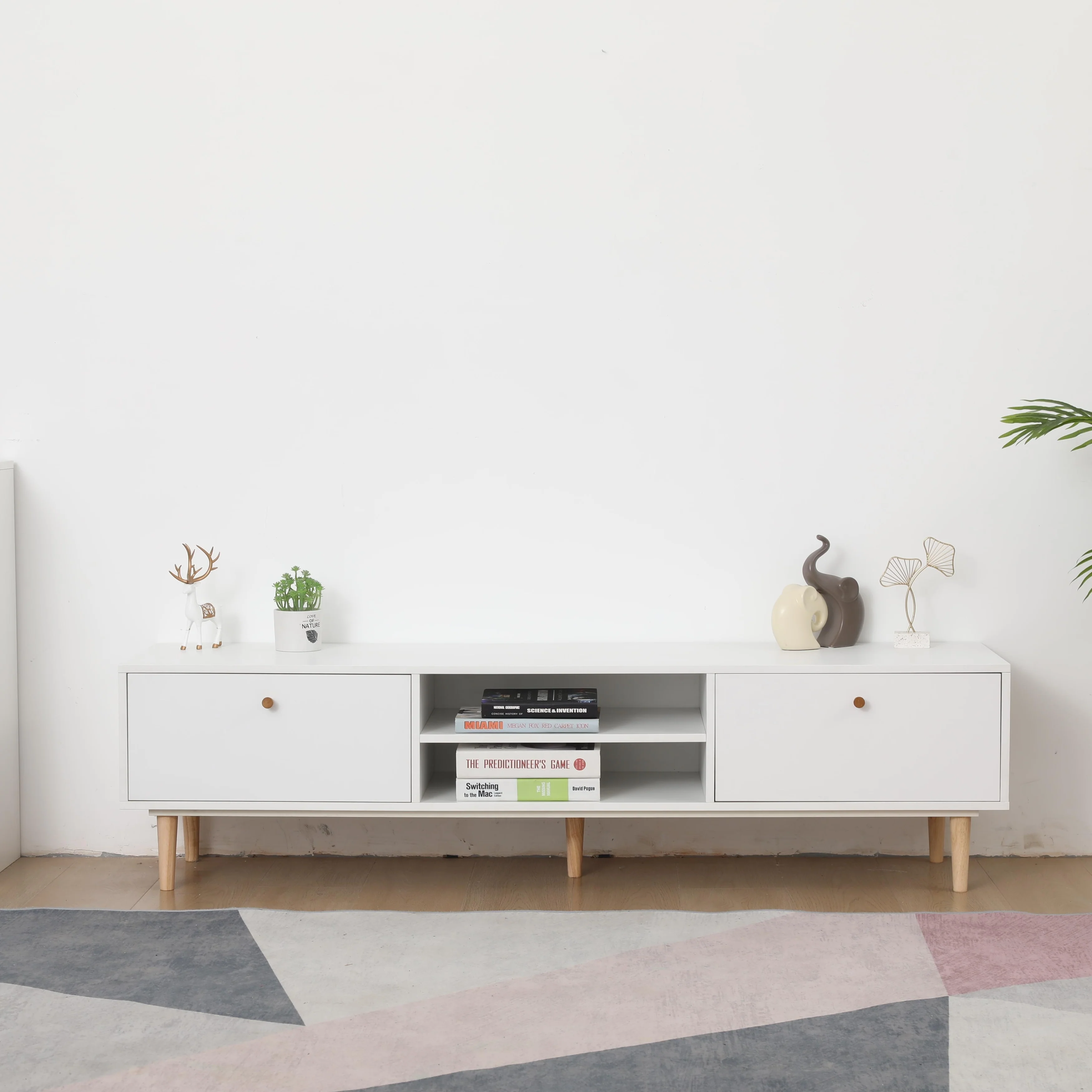 64-Inch Minimalist Modern TV Stand with 2 Drawers and Solid Wood Legs for Ample Storage