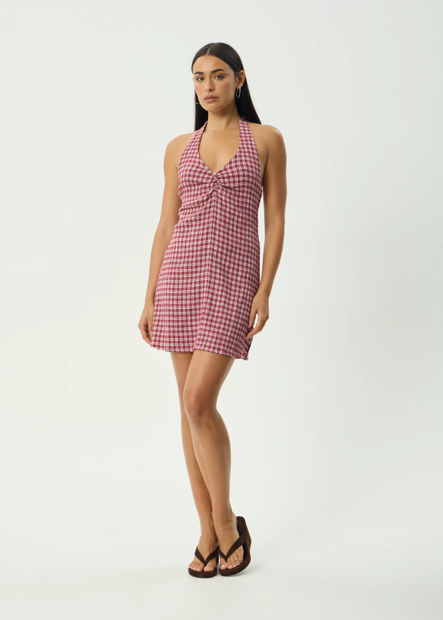 AFENDS Womens Montana - Seersucker Halter Mini Dress - Burgundy Check