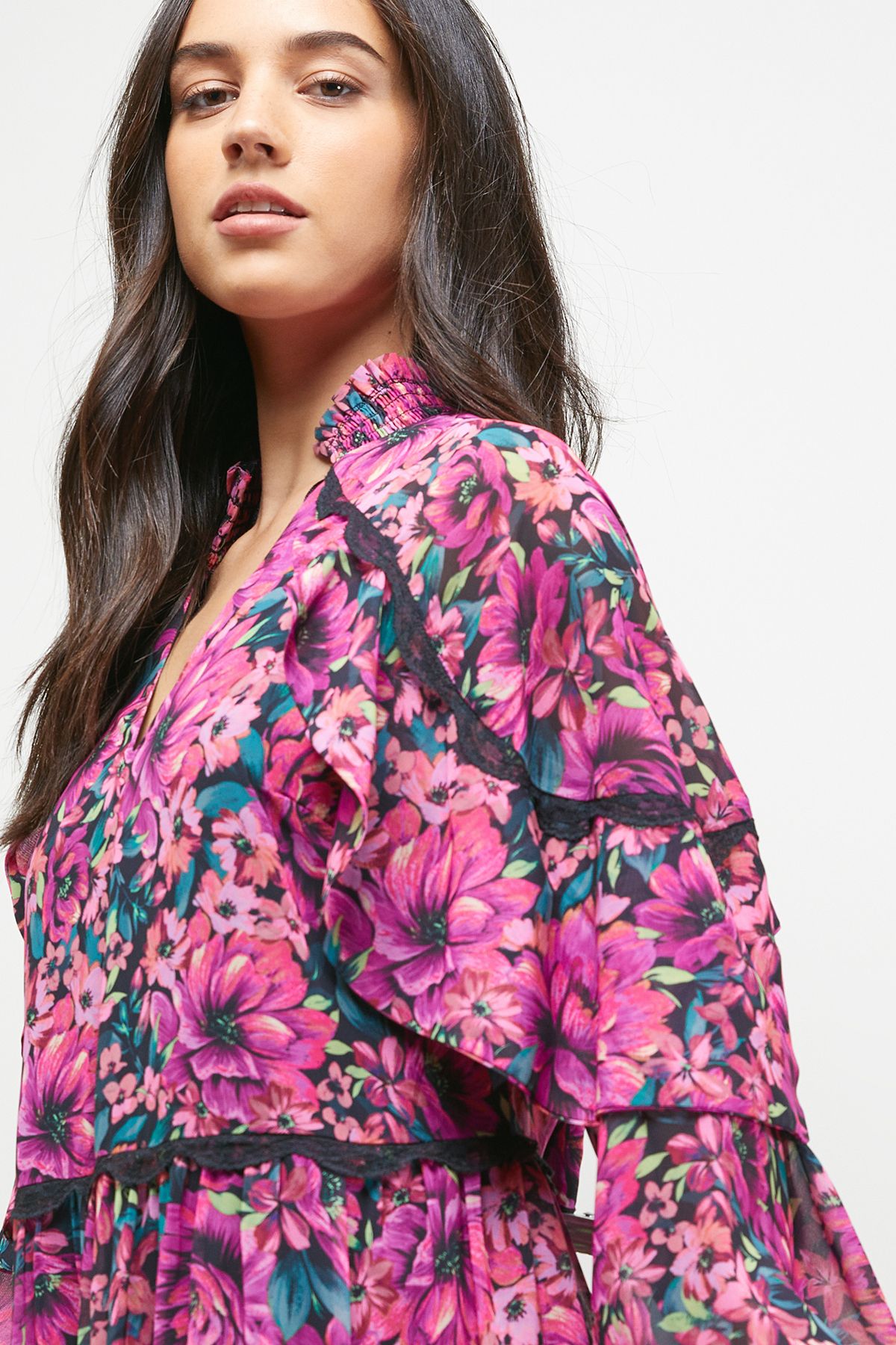 Oasis Printed Cape Detail Lace Trim Boho Maxi Dress