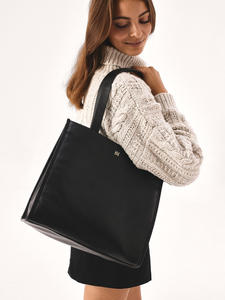 Large black leather tote bag shoulder bag