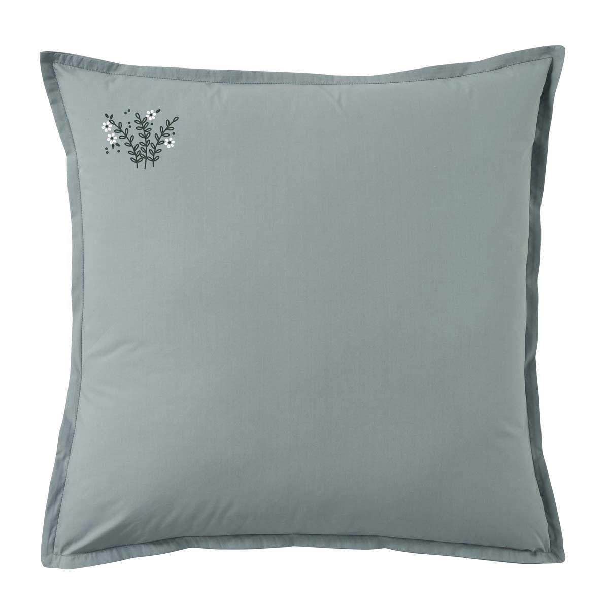 BOUQUET CÉVENNES - Taie d'oreiller brodée en percale de coton bleu 64x64