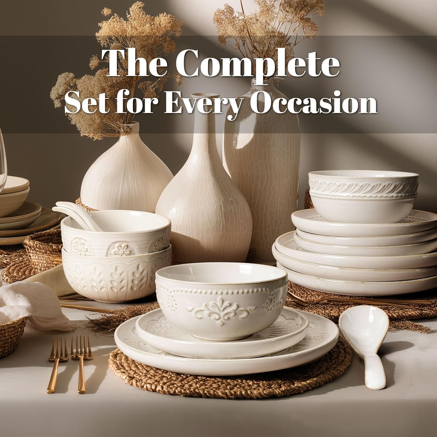 Artena Plates And Bowls Sets, 16 Pieces Dinnerware Sets, Dish Set For 4, Ceramic Kitchen Bowl And Plate Set, Embossed White Dishware Sets, Dishwasher & Microwave Safe (Multiple Patterns)