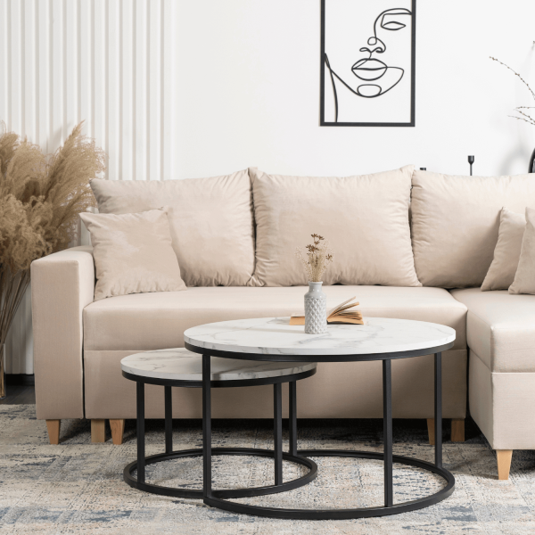 Zestaw Stolik Kawowy Okrągły 2w1 Ława Loft Biały Marmur Czarny DAFNE MAX