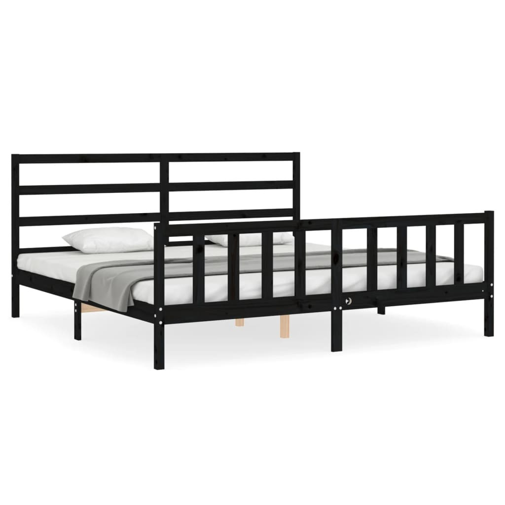 Rama łóżka z wezgłowiem czarna 200x200 cm lite drewno