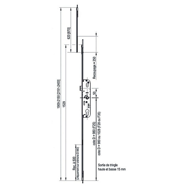 Crémone à barillet haut et bas 35/70 longueur 1529mm cote D 980mm - FERCO - G-24753-15-L-1