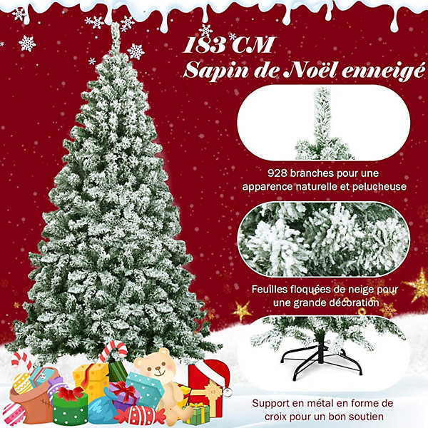 183CM Sapin de Noel Artificiel Lumineux Flocage de Neige Mince 250 Lumieres LED Blanche Chaude 928 Branches en PVC Ignifuge