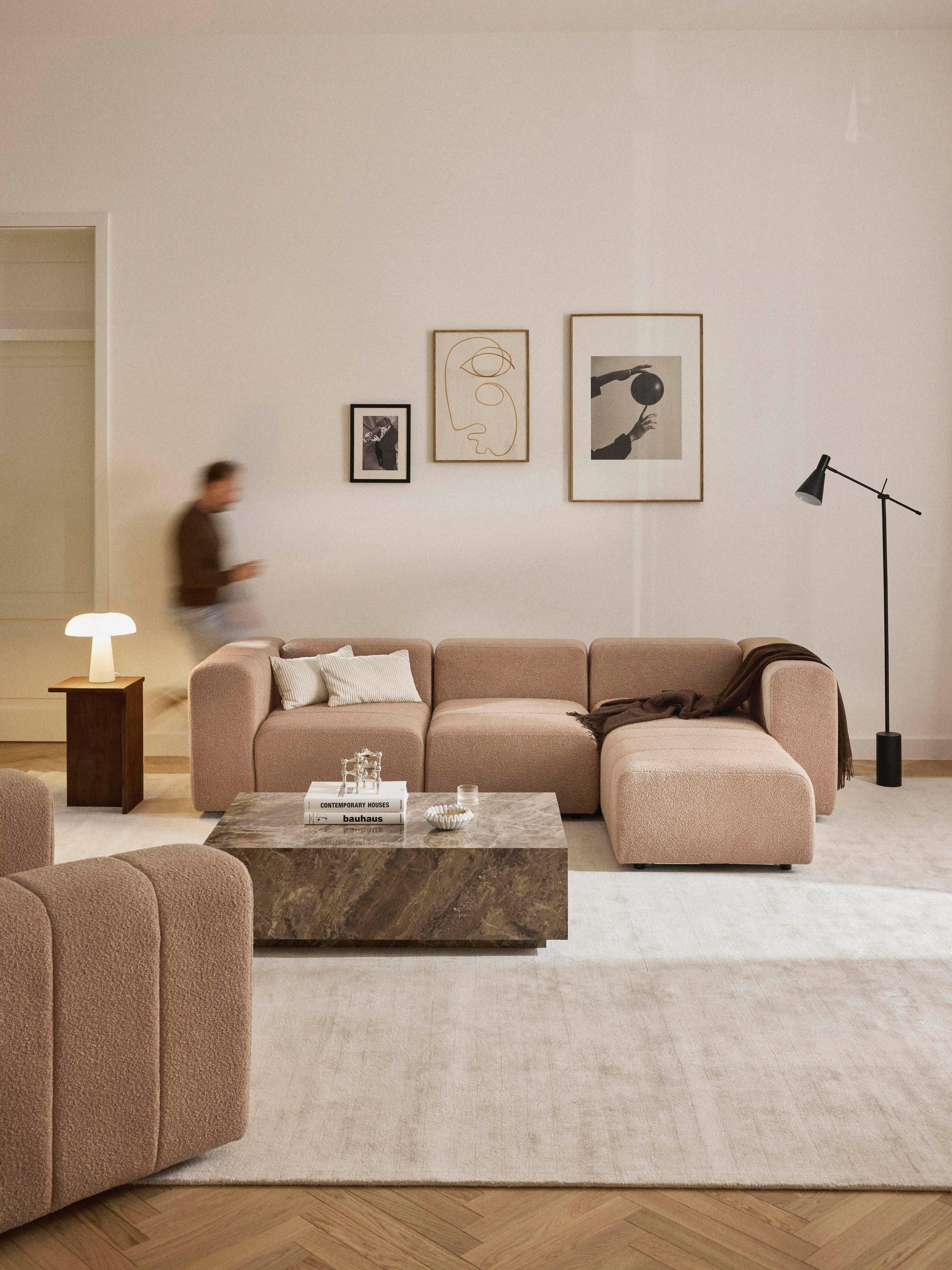 Modulares Bouclé-Sofa Lena (4-Sitzer) mit Hocker (links/rechts)