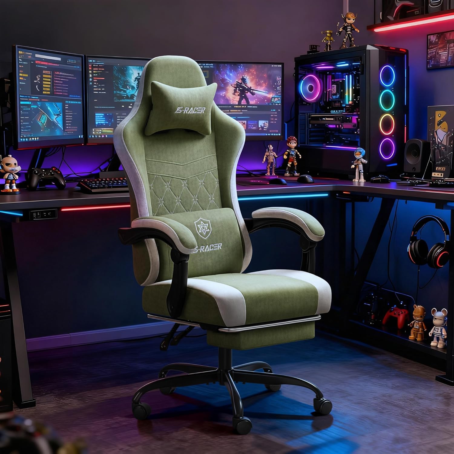 Homall Gaming Chair with Massage & Footrest, Ergonomic Computer Office Chair, High-Back Racing Style Reclining Chair with Adjustable Lumbar Support, Breathable Tech Fabric for Adults (Green)