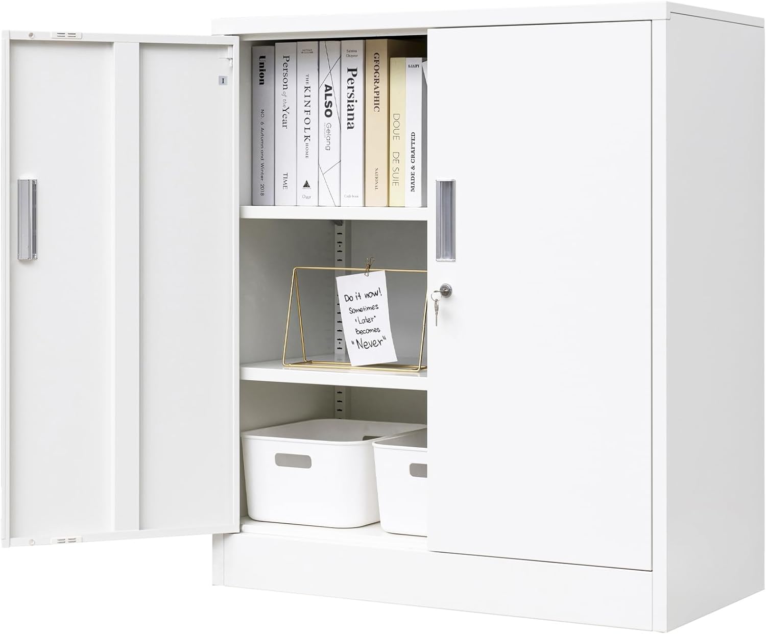 BESFUR Metal Garage Storage Cabinet with 2 Locking Doors and 2 Adjustable Shelves, 36 White Metal Short Storage Cabinet for Home Office, Garage,School,Utility Room