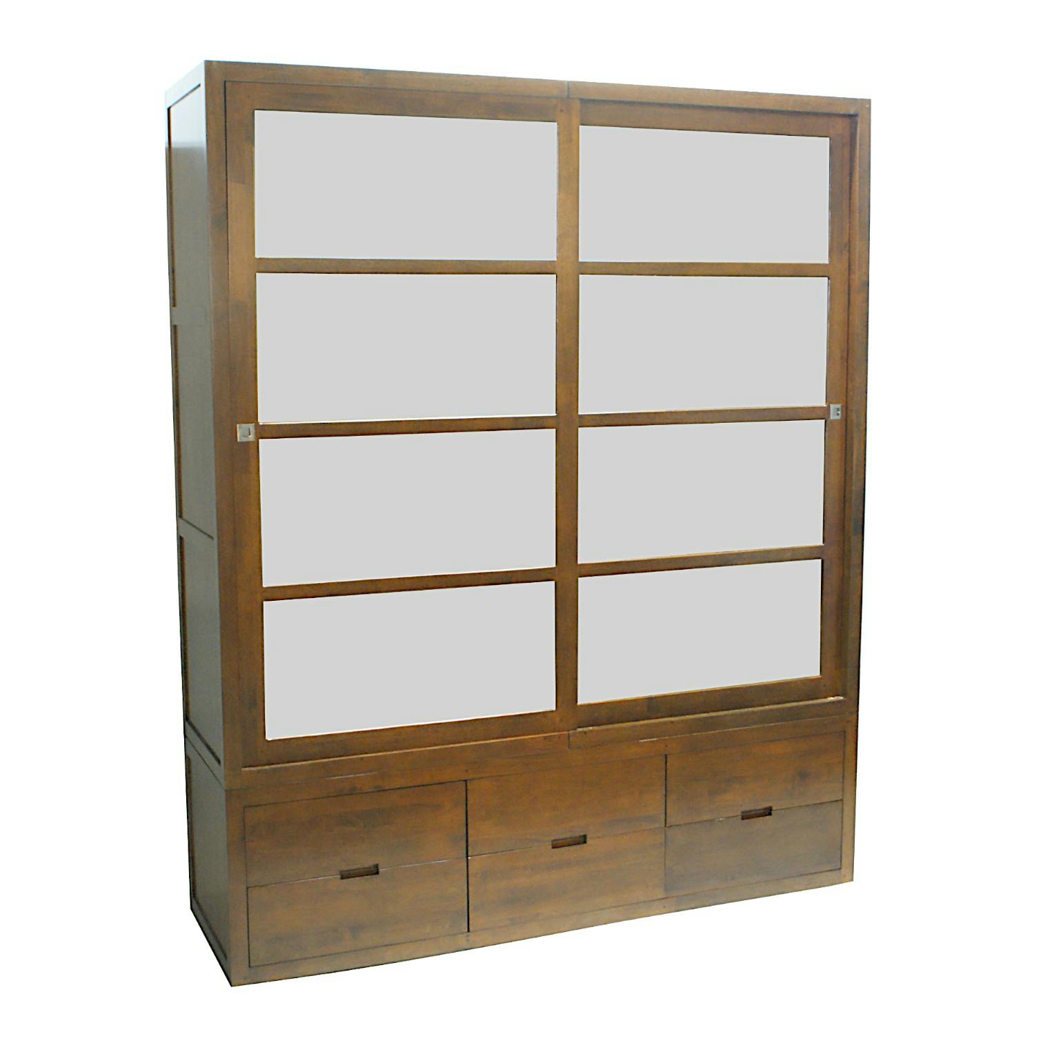 Armoire Hévéa 2 portes coulissantes, 6 tiroirs 55x180x220cm OLGA