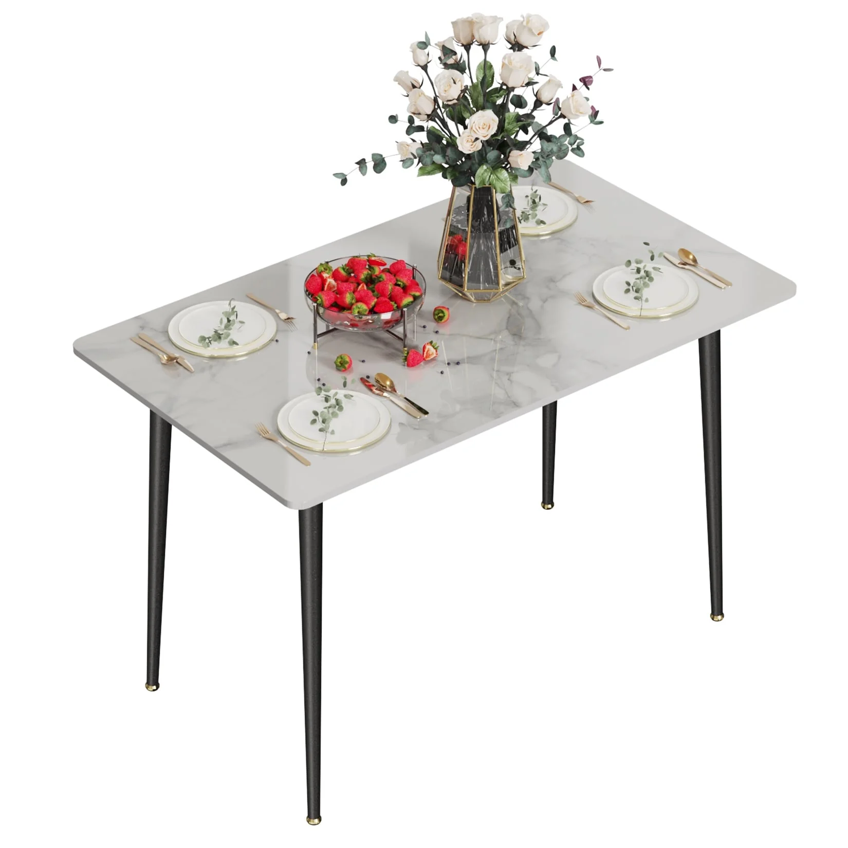 6 Seater Kitchen Dining Table Modern Marble Tabletop Rectangular with Tapered Metal Legs