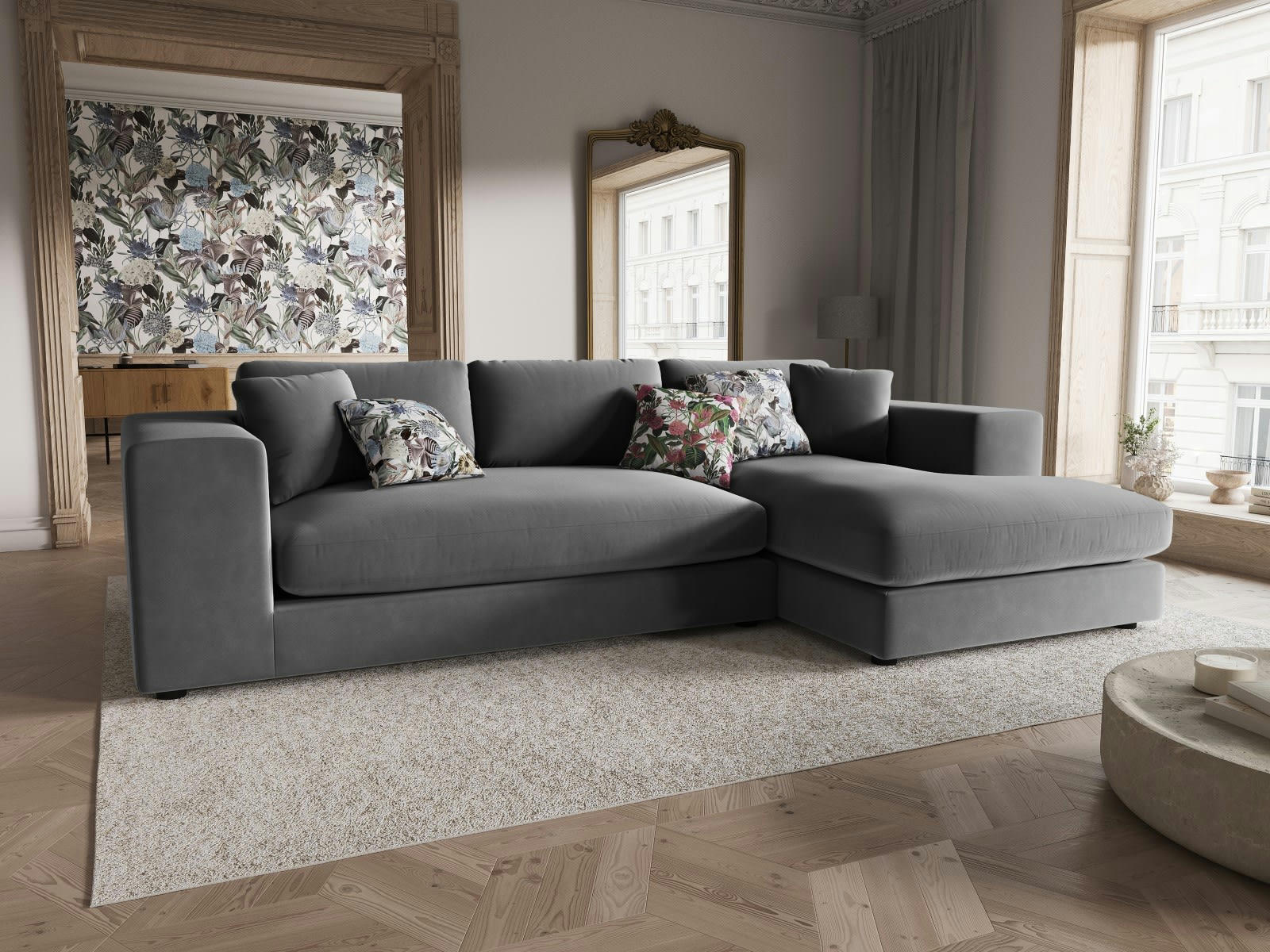 TENDANCE - Canapé D'Angle Droit 5 places en Velours Gris