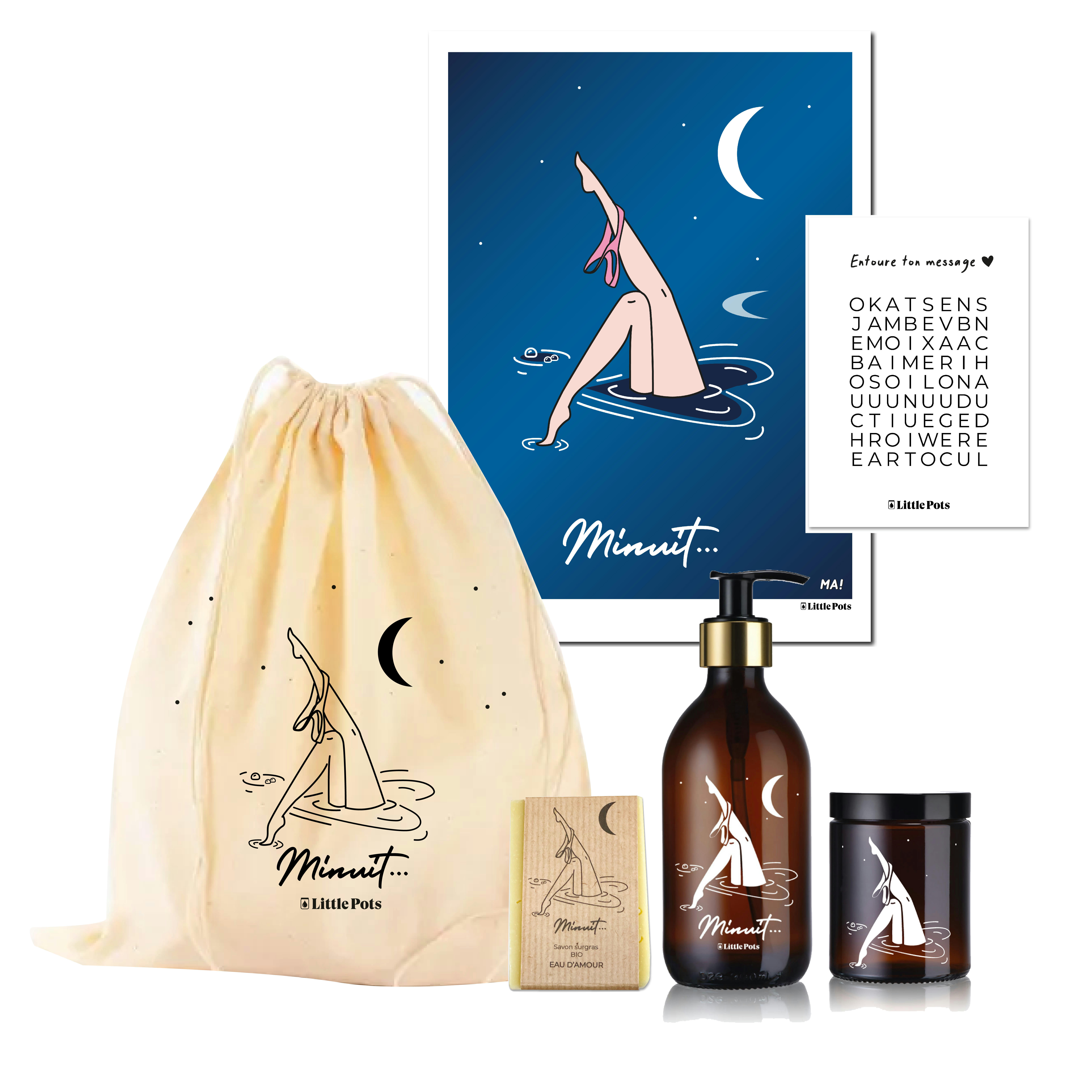 Édition limitée MINUIT - Coffret Vague d’Amour : bougie, savon, distributeur de savon, affiche