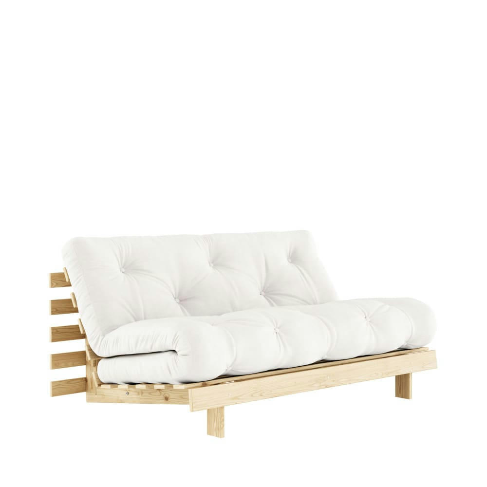 ROOTS - Canapé convertible 160x200cm en bois naturel et tissu ecru 2 places