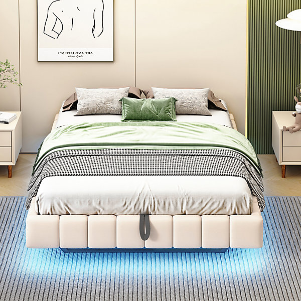 Lit 140x200 cm avec rangement hydraulique et bande LED multicolore, tapissé lin beige, effet flottant design