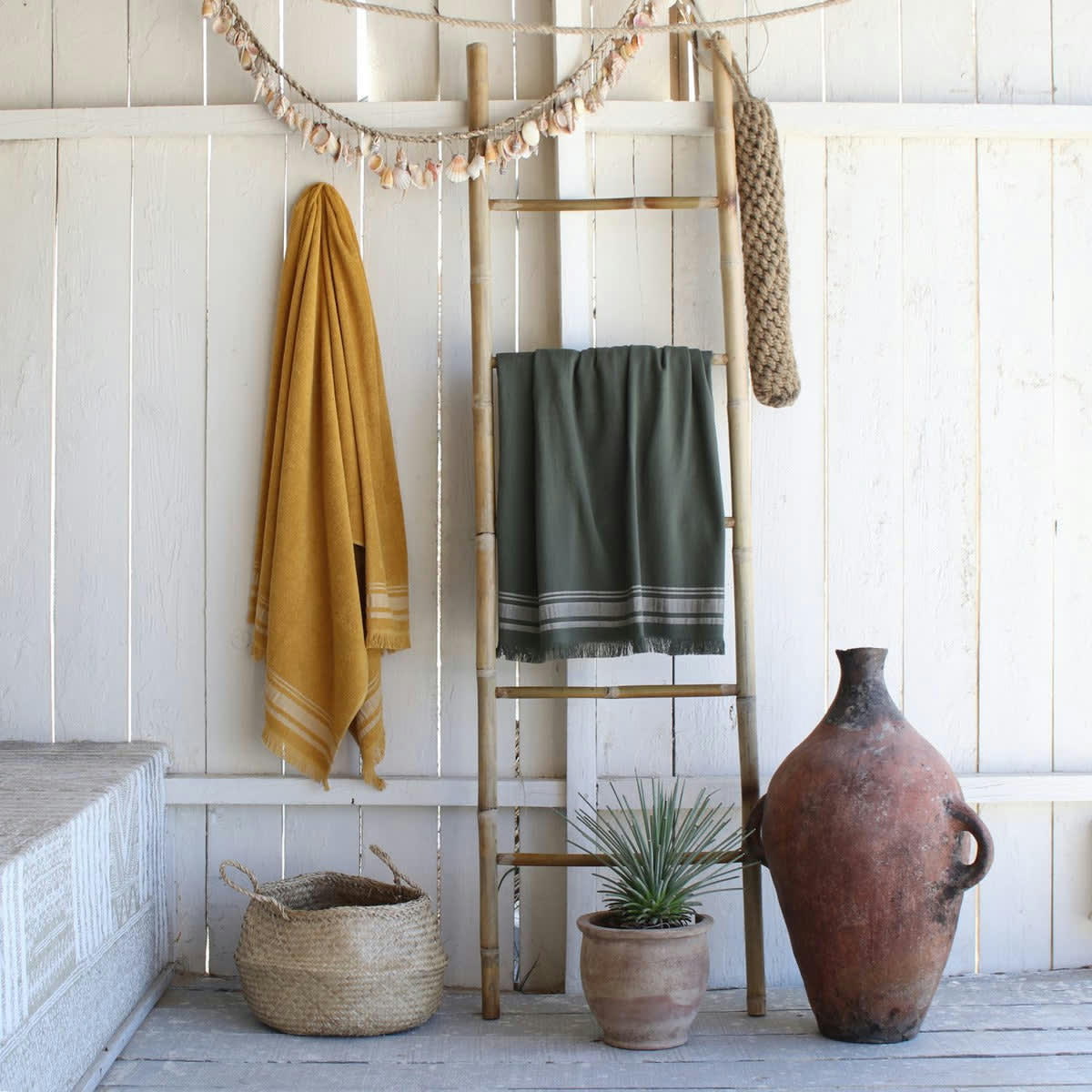 FARO - Fouta éponge coton  100x180 vert kaki / grège