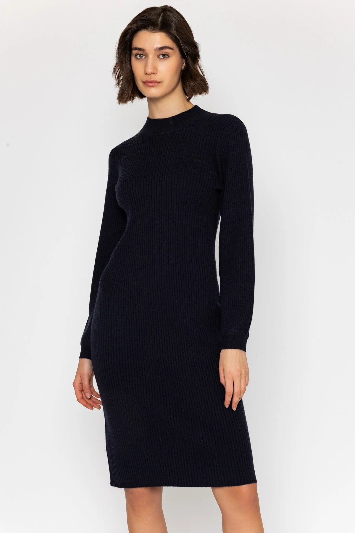 Navy Long Sleeve Ribbed Knit Midi Dress