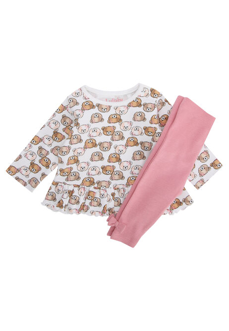 Baby Girls Cream Bear Print Peplem Top & Leggings Set
