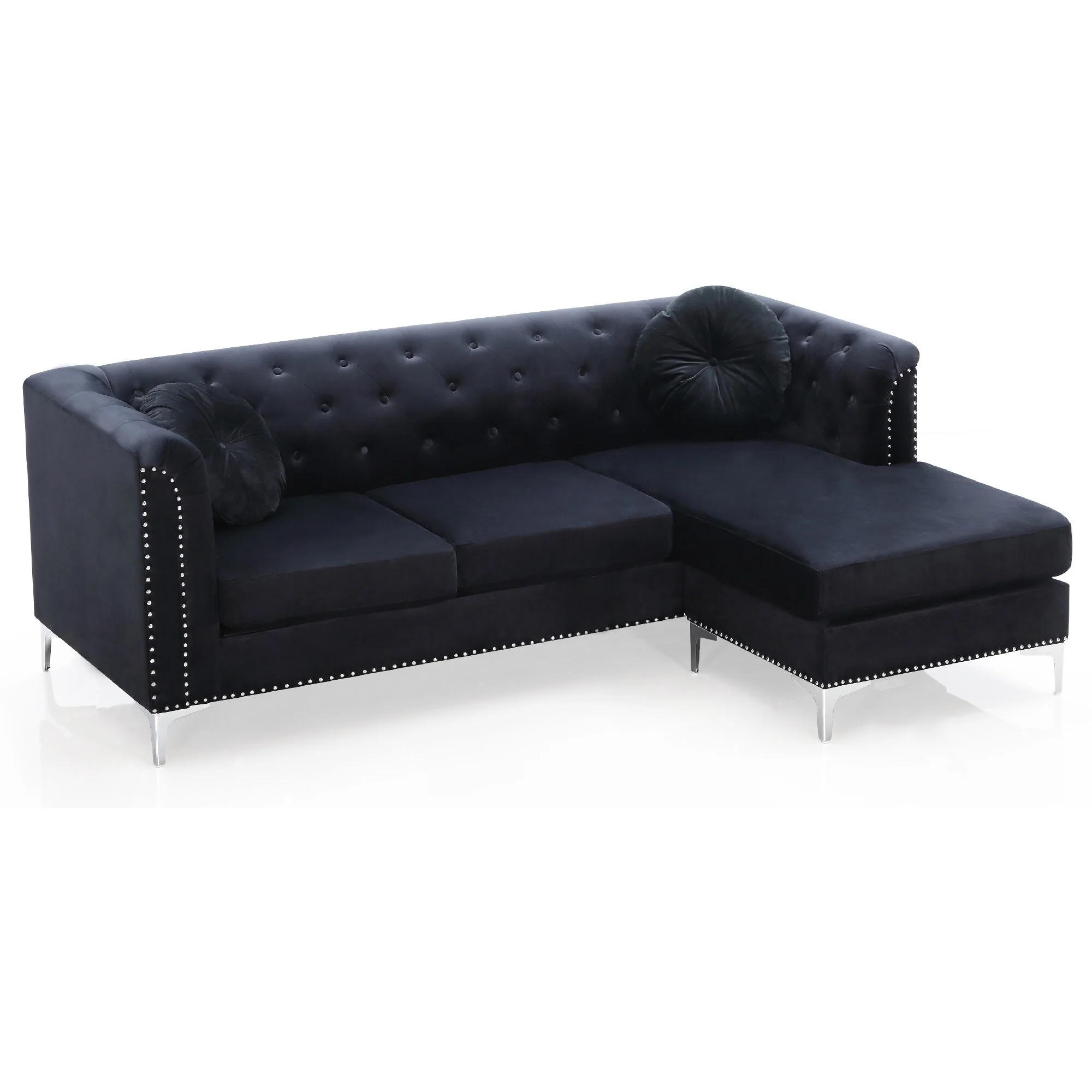 Nailhead Trim Tufted Velvet Sectional Sofa with Throw Pillows - 83 - Black