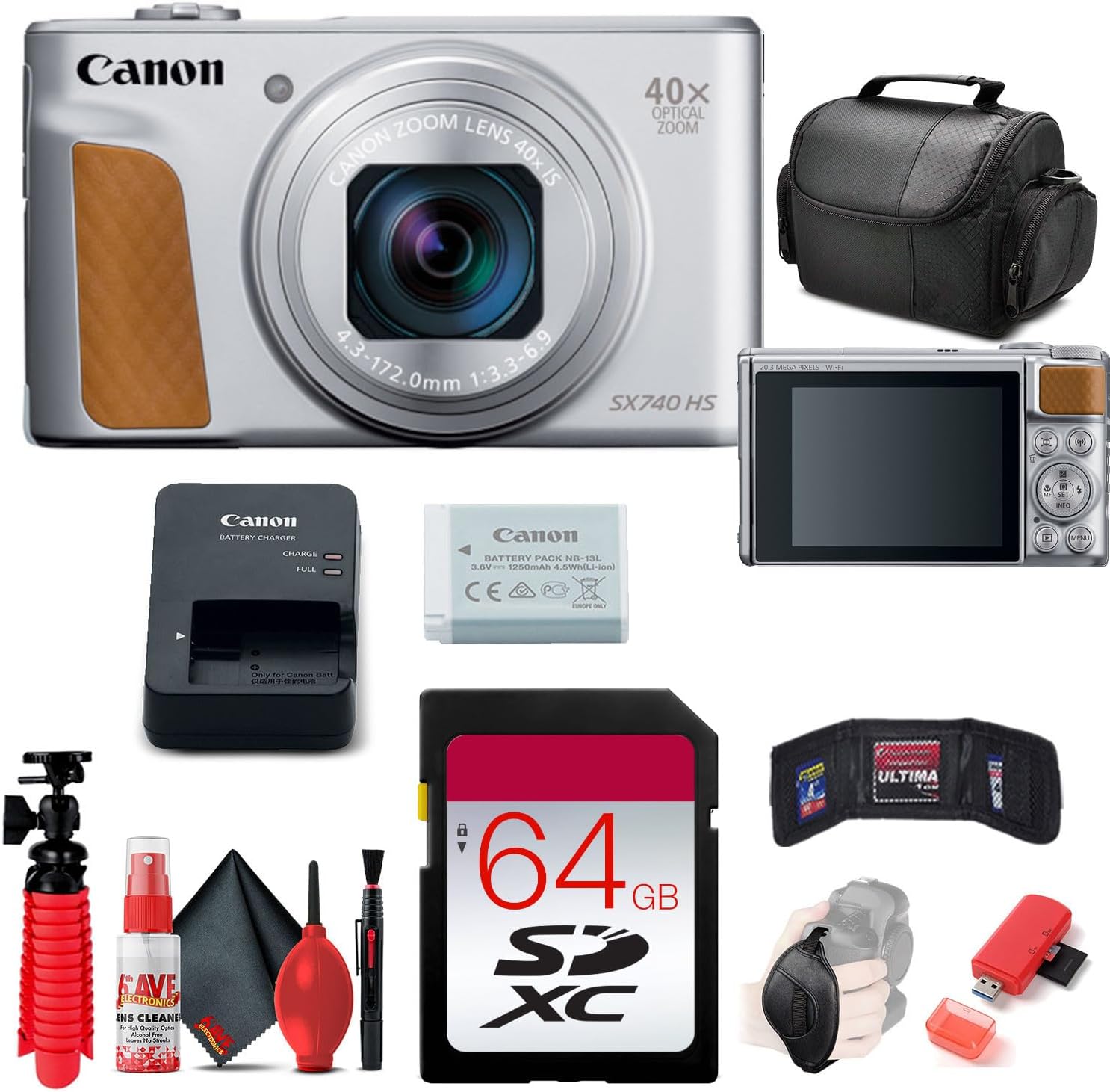 Canon PowerShot SX740 HS Digital Camera (Silver) (2956C001) + 64GB Memory Card + Card Reader + Deluxe Soft Bag + Flex Tripod + Hand Strap + Memory Wallet + Cleaning Kit