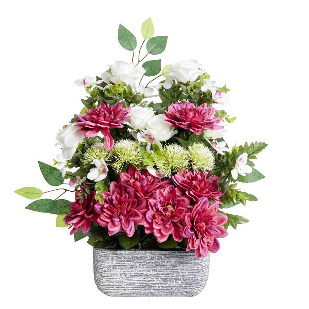 Composition florale artificielle multifleur fuschia jardinière ciment H60cm