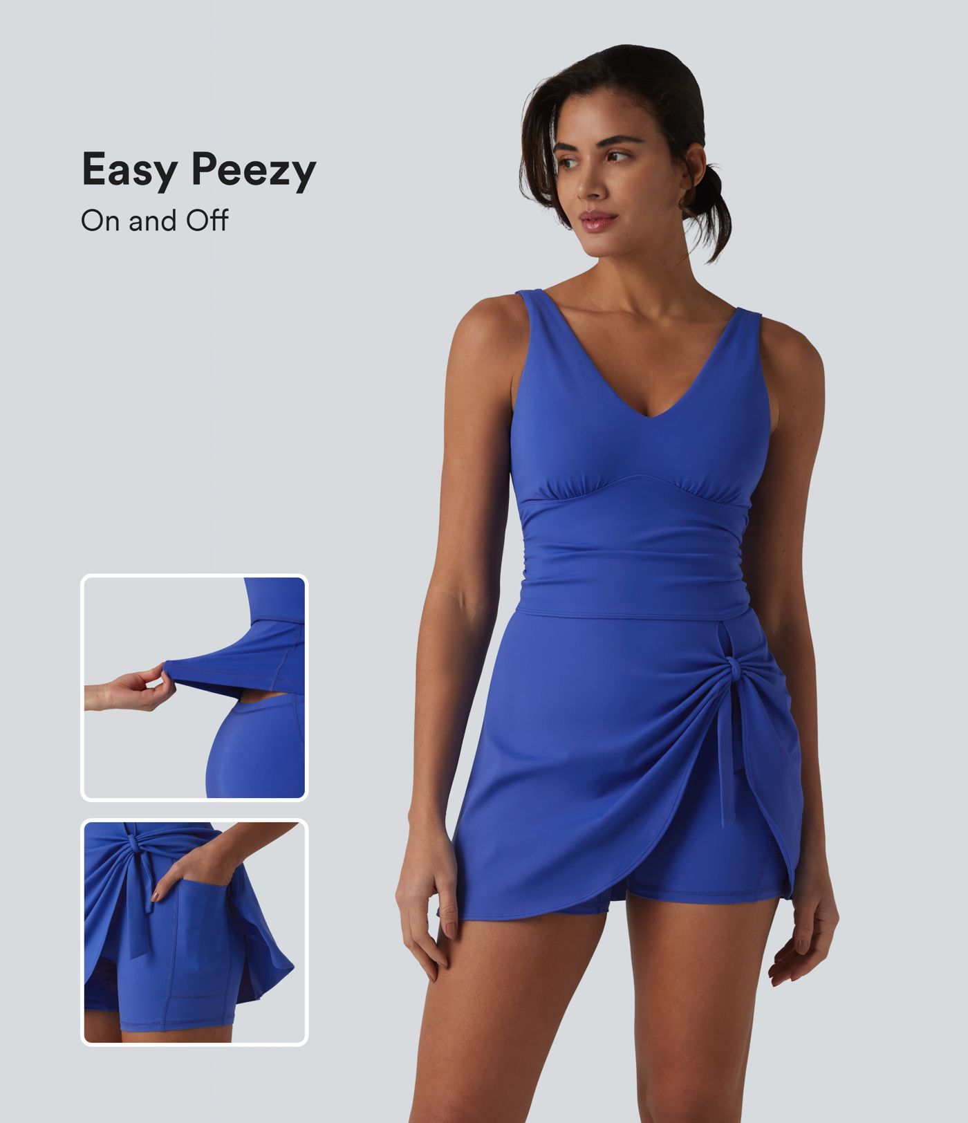 Robe de yoga courte 2-en-1 SoftlyZero™ Plush col V avec brassière intégrée, liens latéraux et poches – Édition Easy Peasy