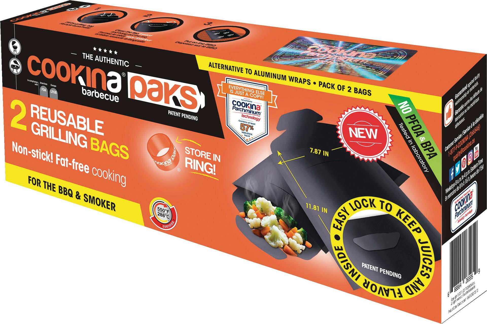 COOKINA Barbecue PAKS Reusable Grilling Bags, 100% Non-Stick Pouch, For All BBQs & Smokers, 2-pk