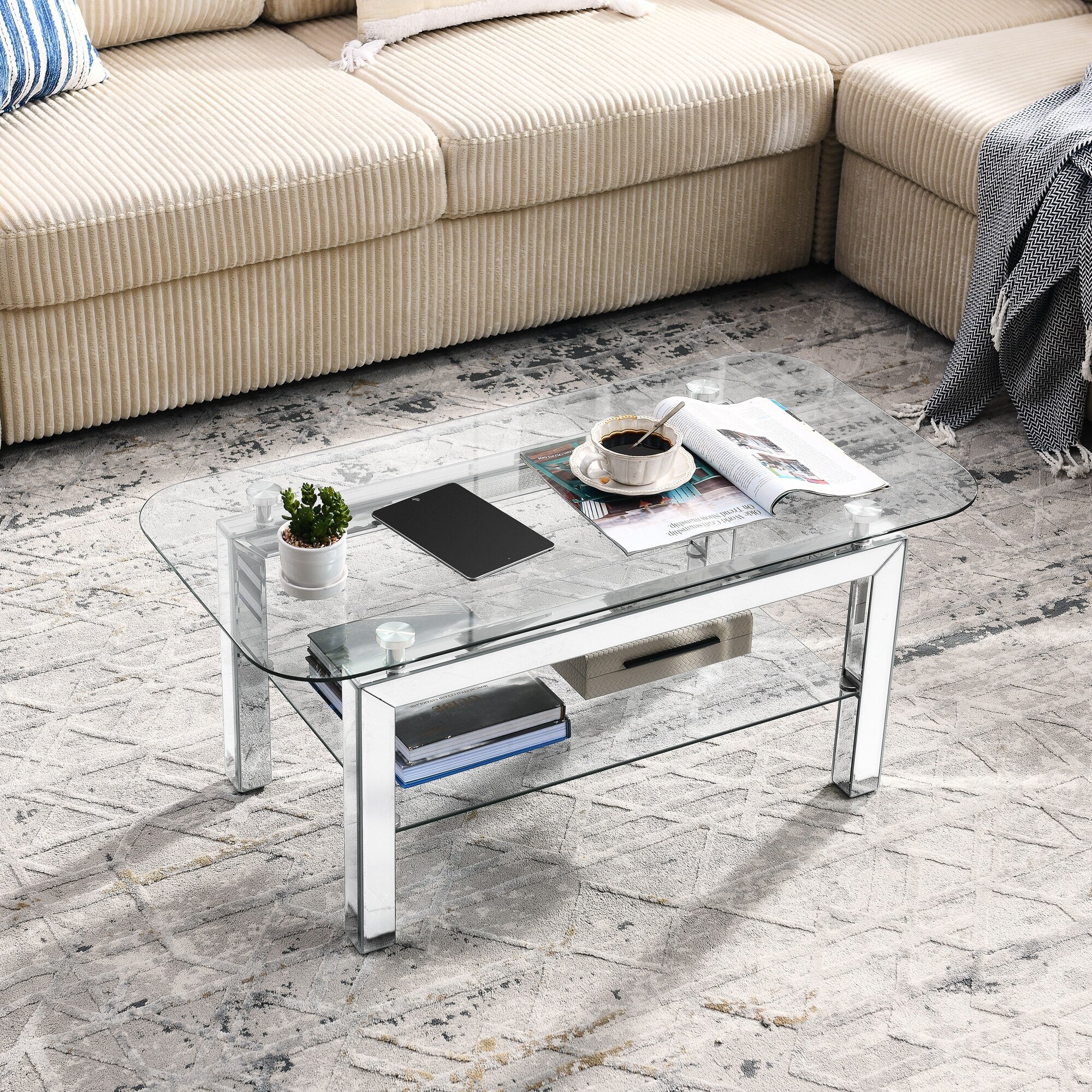Rectangle Tempered Glass Coffee Table, Tea Table for Waiting Room, Modern Side Coffee Table with Mirrored Stainless Leg