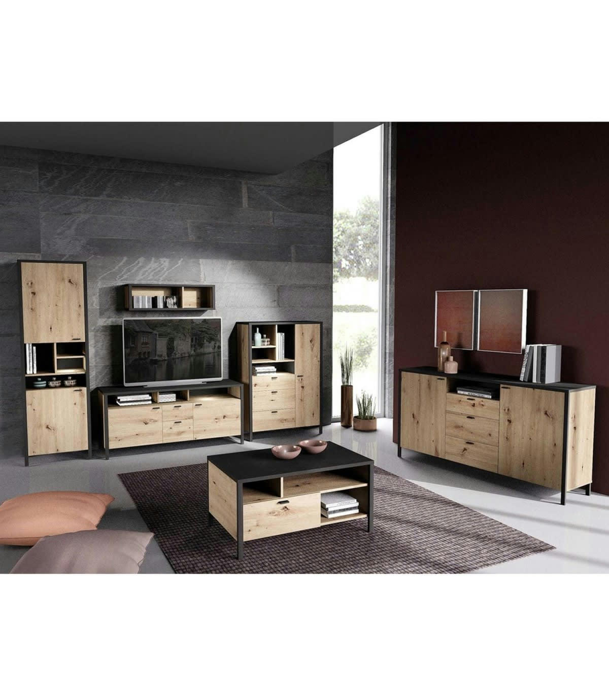 LOFT - Table Basse 3 Niches 1 Tiroirs - Aspect Chêne - L95cm