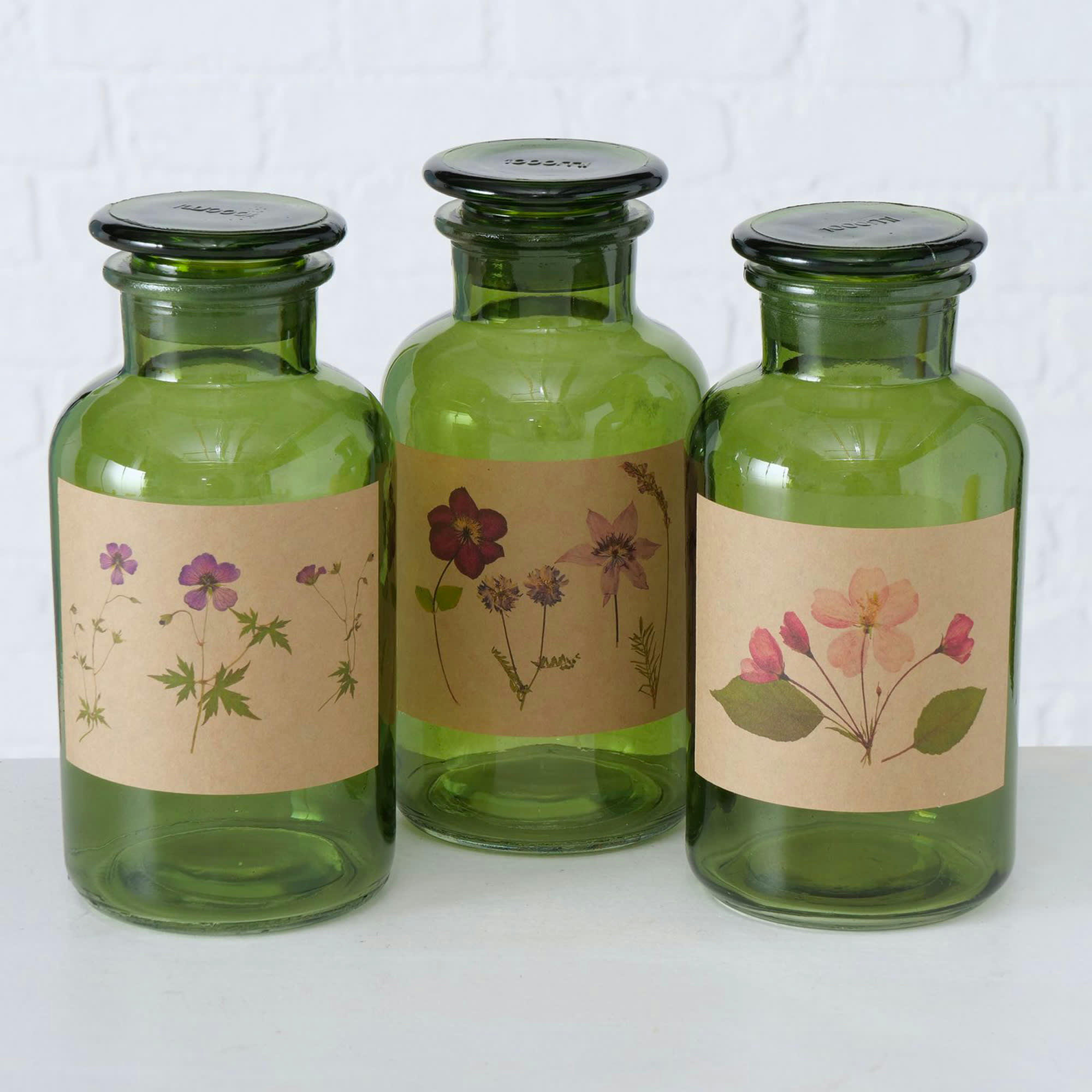 - Set de 3 flacons apothicaires décoratifs en verre vert 22cm