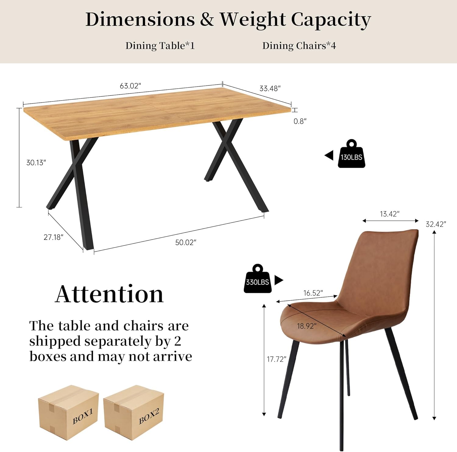 5-Piece Dining Table Set for 4-6 People, 63 MDF Kitchen Table with 4 Upholstered Chairs, Metal Legs for Dining Room, Kitchen(Oak Table+4 Brown Chairs)