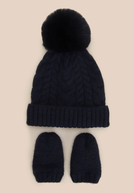 Baby Boys Navy Cable Knit Hat & Mittens Set