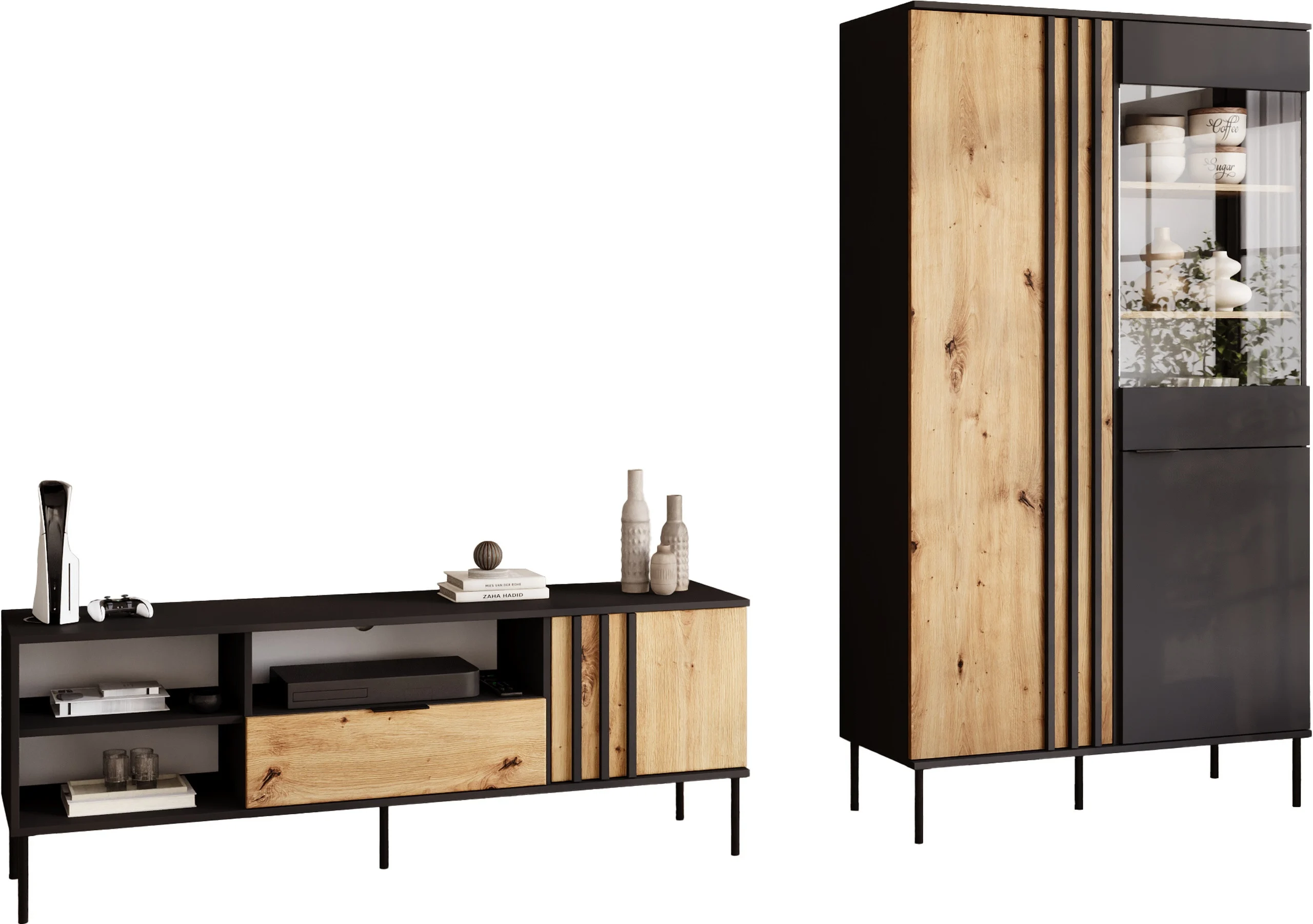 Meblościanka do salonu RUSTICA nowoczesna dąb artisan czarny