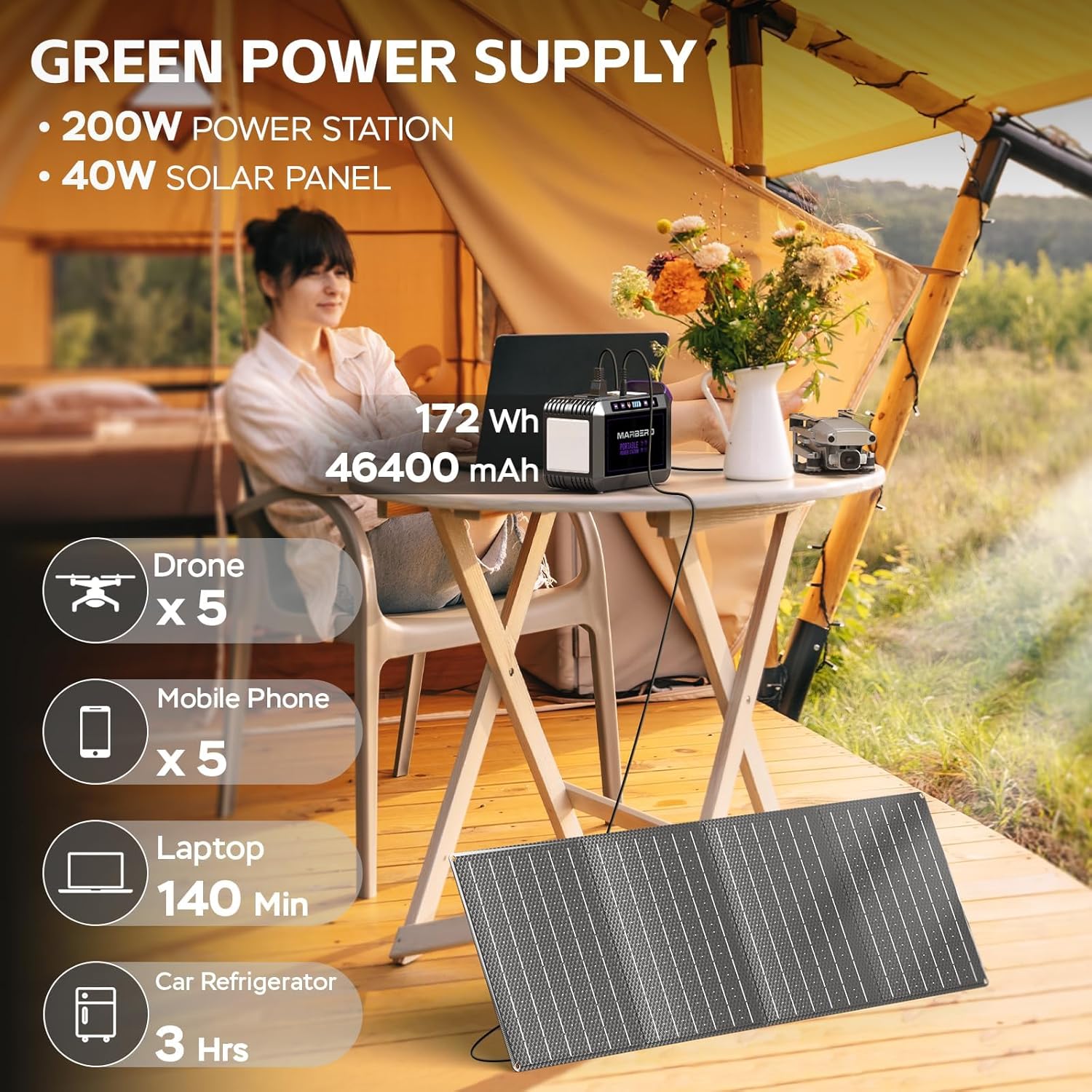 MARBERO 172Wh Solar Generator with 40W Solar Panel, Portable Solar Power Station 200W, Camping, Outdoor, Hiking, Fishing, Emergency, CPAP