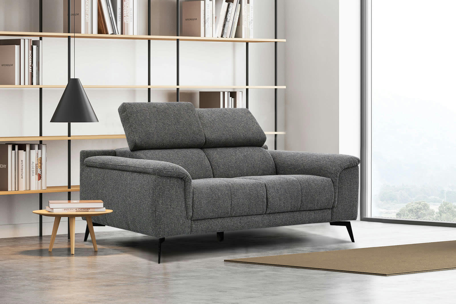 FIERO - Canapé droit 2 places tissu gris foncé