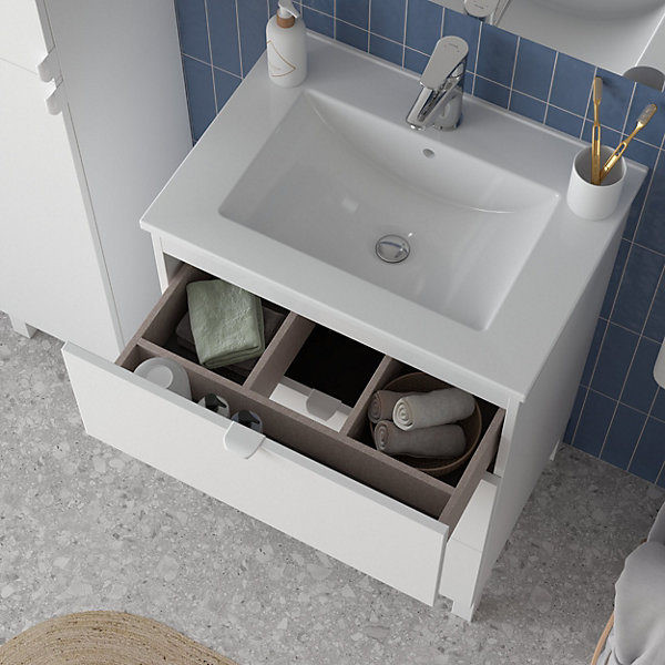 Ensemble meuble vasque blanc mat l.60 cm   plan vasque blanc en céramique   miroir, Otto