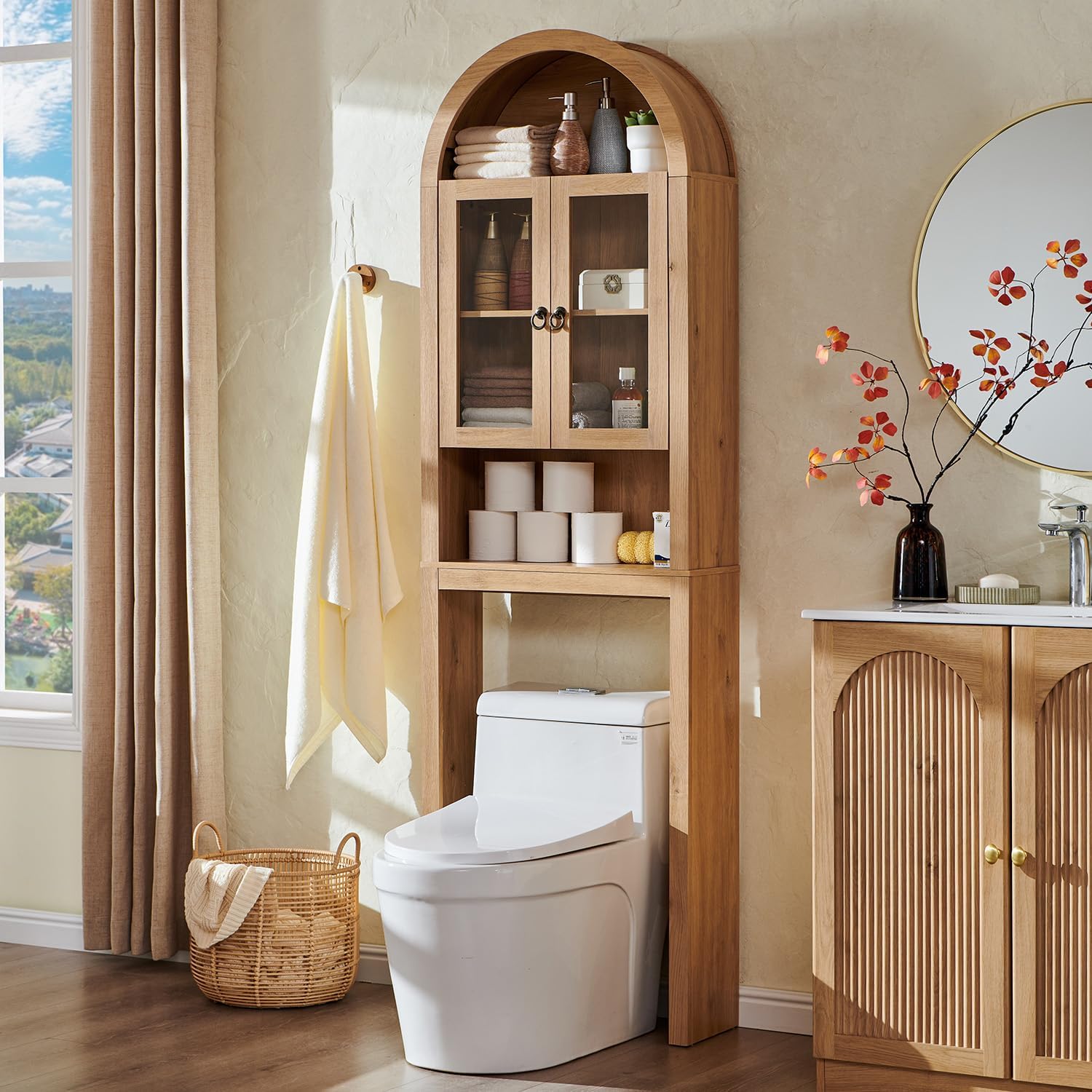 IFGET Arched Over The Toilet Storage Cabinet with Acrylic Doors, Modern Over Toilet Bathroom Organizer Shelf, Small Wooden Bathroom Storage Cabinet with Adjustable Shelf,Space Saver, Natural Oak