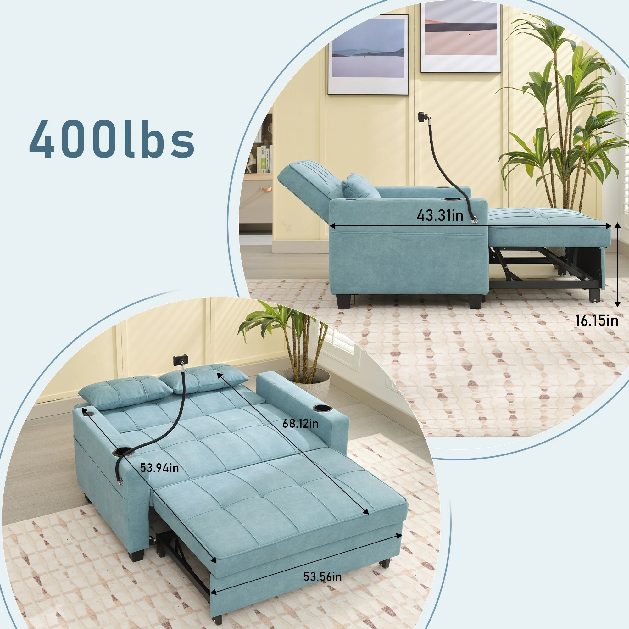 3-in-1 Pull Out Convertible Sleeper Sofa Bed with USB Ports