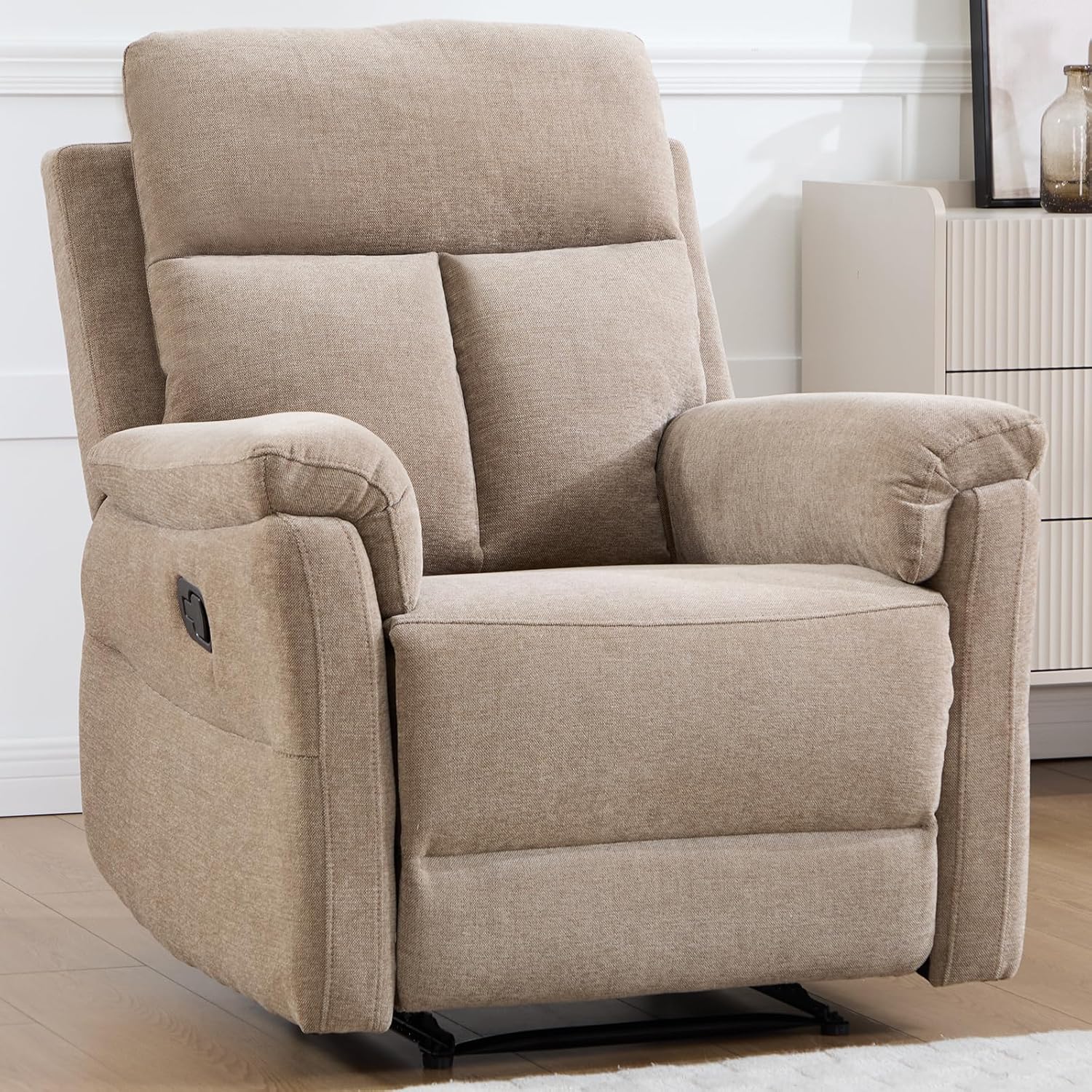 Manual Recliner Chair, Soft Fabric Recliner Chair for Adults with Overstuffed Arms and Back, Single Sofa for Living Room (Camel)